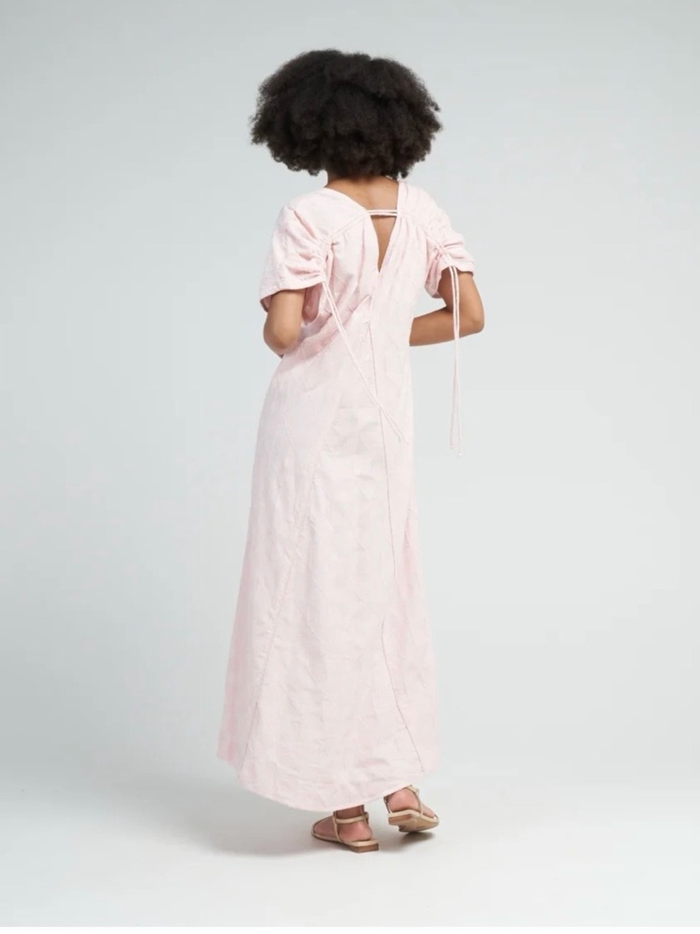Mirth Bordeaux Caftan Rosa Maxi Dress M Jacquard Pink Cotton V-Back Tie $398 - Picture 3 of 16